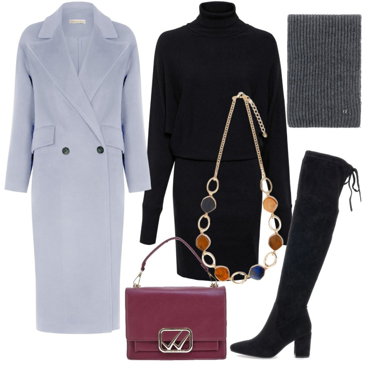 Outfit donna - Maxi cappotto grigio e abito in maglia. Stile Chic per Ufficio. Abbinamento con vestiti, cappotti, sciarpe, borse a tracolla, collane, stivali sopra il ginocchio.