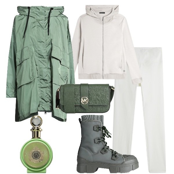 Outfit donna - Giornate di pioggia. Stile Sporty chic per Tutti i giorni. Abbinamento con trench, borse a tracolla, stivaletti, profumi, felpe con cappuccio, leggings.
