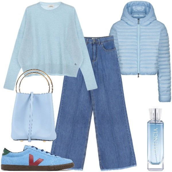 Outfit donna - Azzurro polvere. Stile Sporty chic per Tutti i giorni. Abbinamento con borse a mano, profumi, pullovers, jeans, piumini, sneakers.