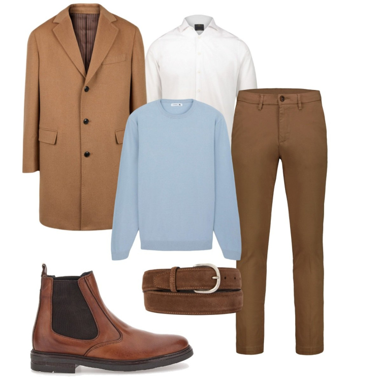 Outfit uomo - Elegante e chic. Stile Business/Elegante per Ufficio. Abbinamento con maglieria, stivali e stivaletti, camicie, cappotti, pantaloni chino, cinture.