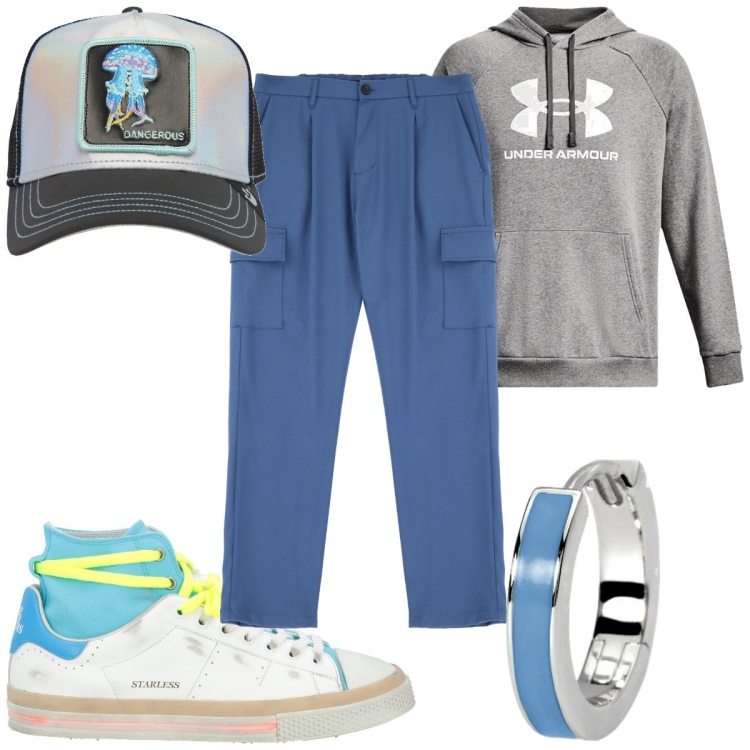 Outfit uomo - Scarpe che parlano di te: sneakers alte. Stile Urban per Tutti i giorni. Abbinamento con sneakers alte, pantaloni cargo, orecchini, felpe con cappuccio, cappelli.