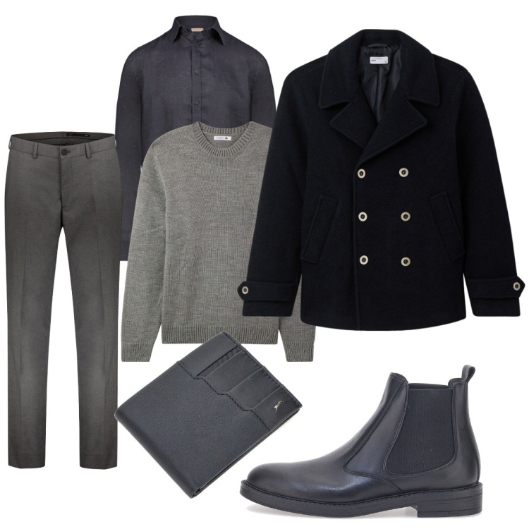 Outfit uomo - Elegante con stile. Stile Business/Elegante per Ufficio. Abbinamento con cappotti, maglieria, pantaloni, camicie, portafogli, stivali e stivaletti.