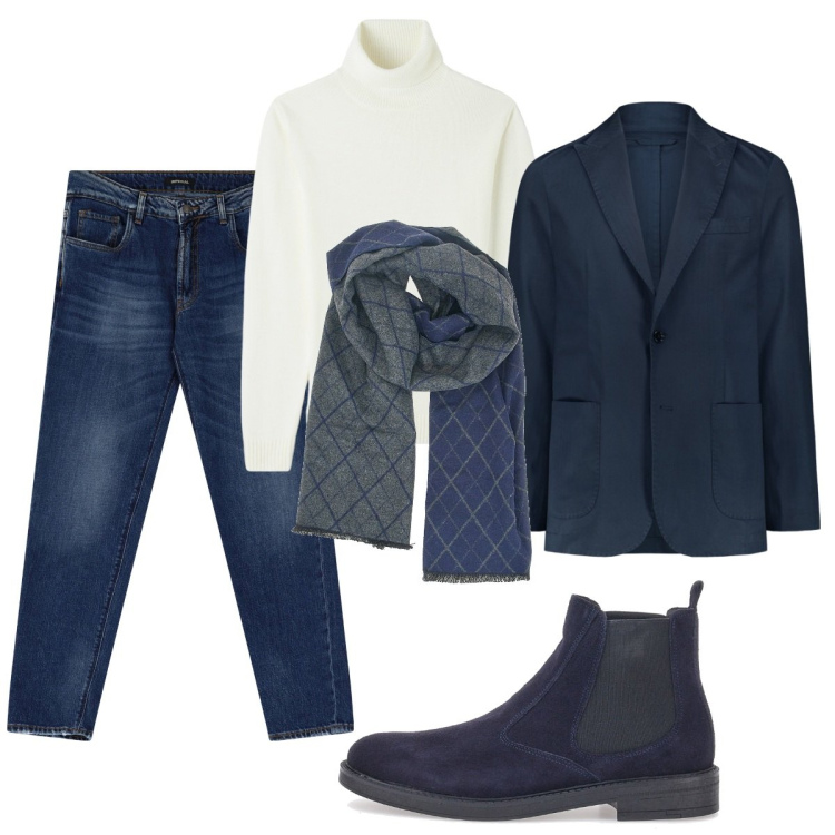 Outfit uomo - Trendy chic. Stile Trendy per Ufficio. Abbinamento con maglieria, jeans slim fit, stivali e stivaletti, sciarpe, giacche.