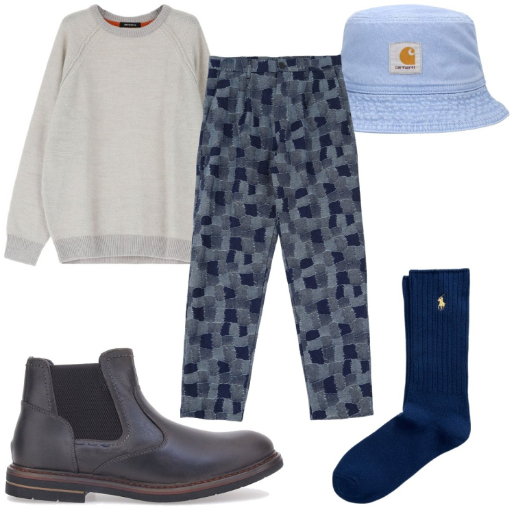 Outfit uomo - Pattern geometrici: i pantaloni. Stile Trendy per Tutti i giorni. Abbinamento con pantaloni cargo, pullovers, calzini, stivali e stivaletti, cappelli.