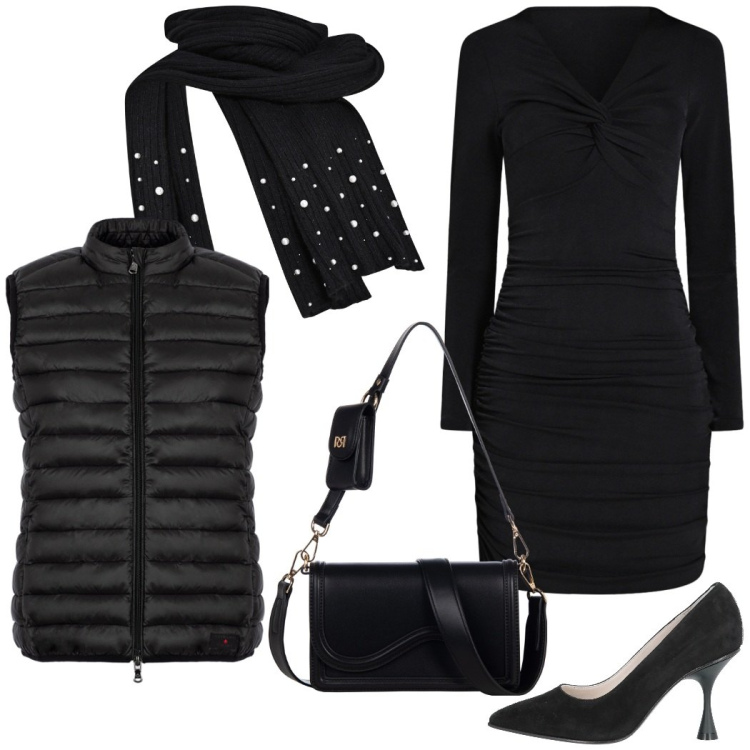 Outfit donna - Total black. Stile Chic per Serata fuori. Abbinamento con décolleté, pochette, sciarpe, vestiti a tubino, piumini.