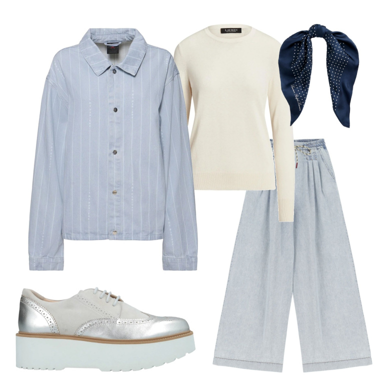 Outfit donna - Aspettando la primavera. Stile Casual chic per Ufficio. Abbinamento con scarpe stringate, pullovers, jeans, foulard, blazer.
