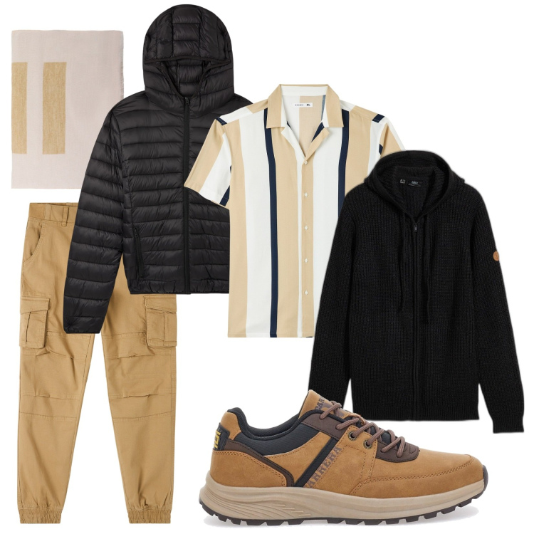 Outfit uomo - Un incontro inaspettato. Stile Casual per Tutti i giorni. Abbinamento con cardigans, camicie a manica corta, pantaloni cargo, giacche, sciarpe e foulard, sneakers.