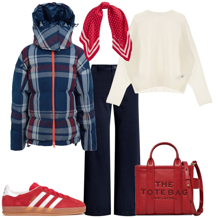Outfit donna - Total look #2059189. Stile Sporty chic per Tutti i giorni. Abbinamento con piumini, pullovers, pantaloni, foulard, borse a tracolla, sneakers.