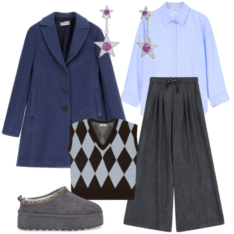 Outfit donna - Il gilet a rombi. Stile Trendy per Tutti i giorni. Abbinamento con orecchini, cappotti, camicie, pantaloni, gilet, pantofole.
