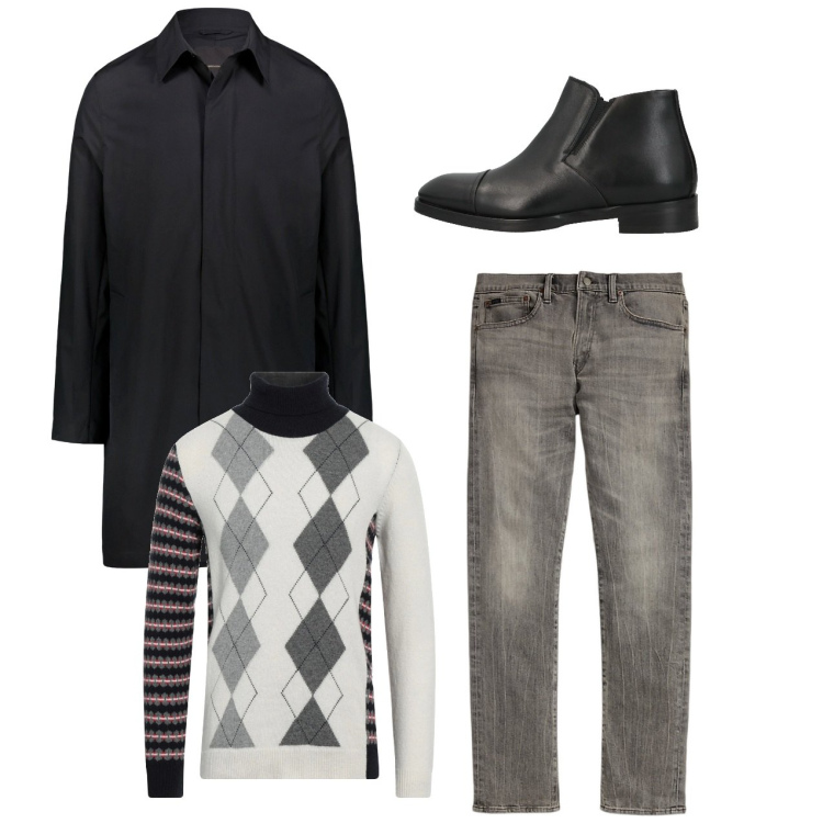 Outfit uomo - Pattern geometrici. Stile Casual per Tutti i giorni. Abbinamento con stivali e stivaletti, maglieria, jeans, giacche.