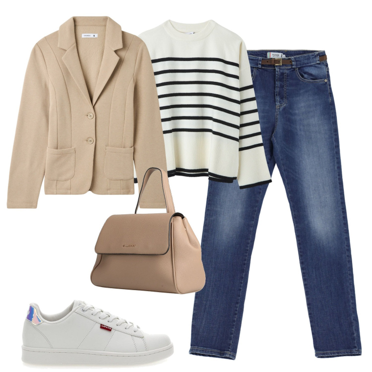 Outfit donna - City. Stile Urban per Tutti i giorni. Abbinamento con zaini, jeans slim fit, maglieria, blazer, sneakers.