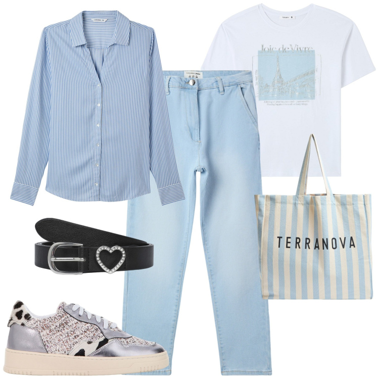 Outfit donna - City. Stile Casual per Tutti i giorni. Abbinamento con jeans skinny, camicie, borse tote, t-shirt, cinture, sneakers.