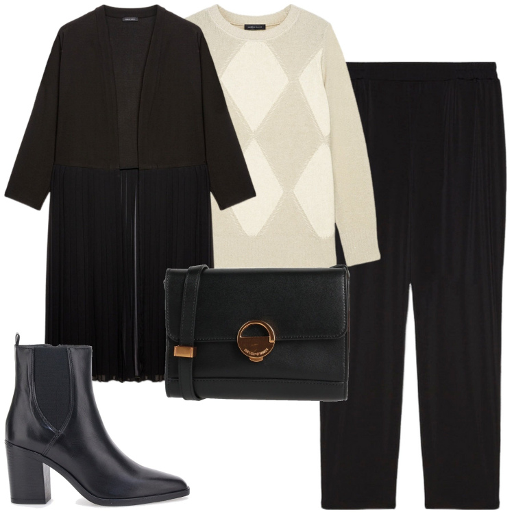 Outfit donna - City. Stile Urban per Tutti i giorni. Abbinamento con borse a tracolla, stivaletti, cardigans, maglieria, pantaloni.