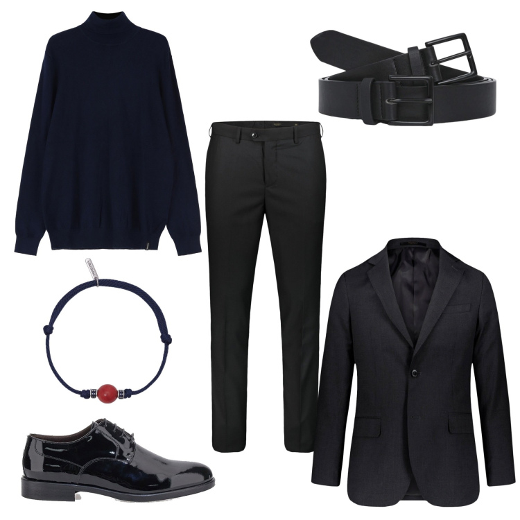 Outfit uomo - Total black. Stile Business/Elegante per Serata speciale. Abbinamento con cinture, braccialetti, maglieria, scarpe stringate, giacche, pantaloni.