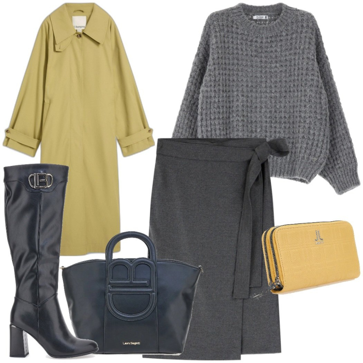 Outfit donna - Grigio e senape. Stile Urban per Ufficio. Abbinamento con trench, pullovers, gonne longuette, portafogli, borse a tracolla, stivali.