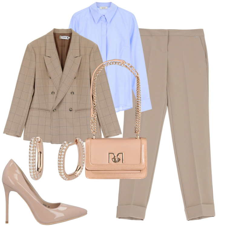 Outfit donna - In ifficio. Stile Bon Ton per Ufficio. Abbinamento con décolleté, orecchini, borse a tracolla, pantaloni, blazer, camicie.