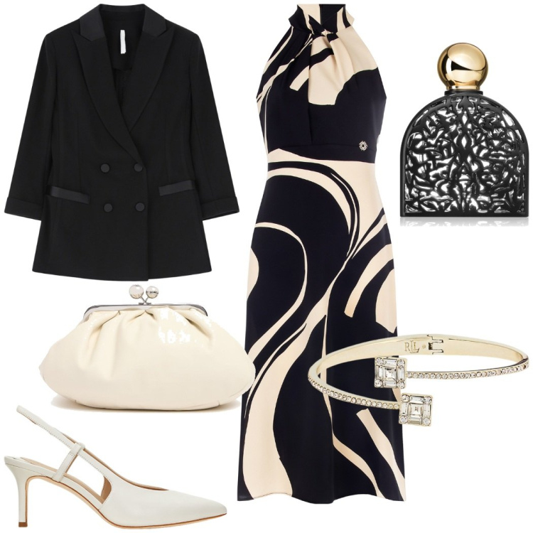 Outfit donna - Cerimonia in primavera. Stile Glamour per Cerimonia. Abbinamento con blazer, profumi, vestiti midi/longuette, braccialetti, décolleté, pochette.