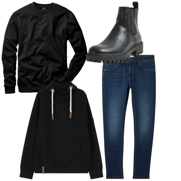 Outfit uomo - Dark. Stile Casual per Tutti i giorni. Abbinamento con felpe, jeans skinny, stivali e stivaletti, felpe con cappuccio.
