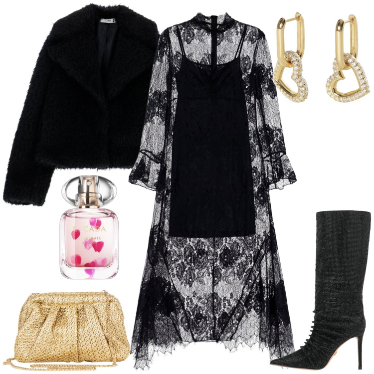 Outfit donna - Pizzo nero!. Stile Sexy per Serata fuori. Abbinamento con stivali, profumi, orecchini, blazer, clutch, vestiti lunghi.