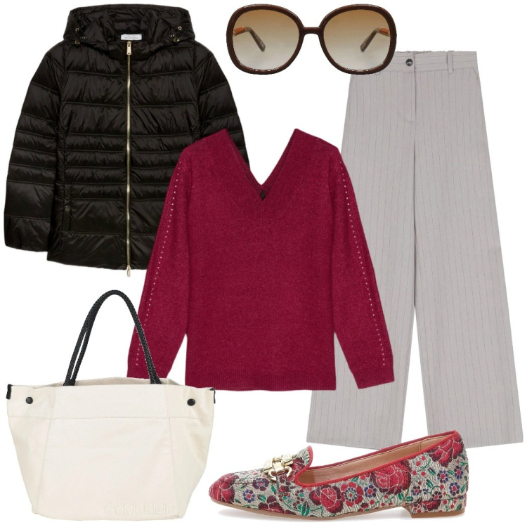 Outfit donna - I mocassini fantasia. Stile Urban per Tutti i giorni. Abbinamento con occhiali da sole, borse a mano, pantaloni a palazzo, mocassini, piumini, maglieria.