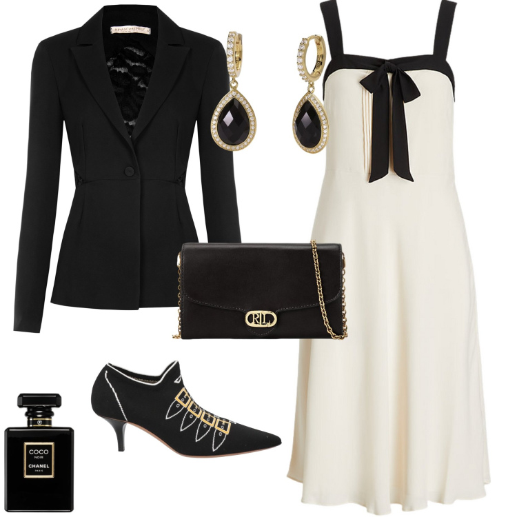 Outfit donna - Evento serata glamour. Stile Bon Ton per Serata fuori. Abbinamento con stivaletti, profumi, orecchini, blazer, borse a tracolla, vestiti senza maniche.