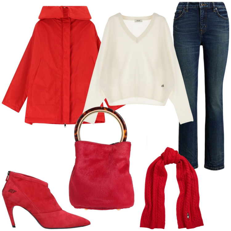 Outfit donna - Il potere del rosso. Stile Casual chic per Serata fuori. Abbinamento con stivaletti, borse a secchiello, parka, pullovers, sciarpe, jeans dritti.