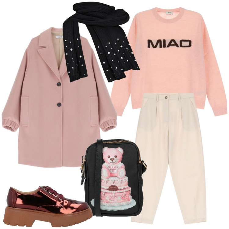 Outfit donna - Rosa cipria. Stile Romantica per Tutti i giorni. Abbinamento con scarpe stringate, borse a tracolla, cappotti, sciarpe, pantaloni, maglieria.