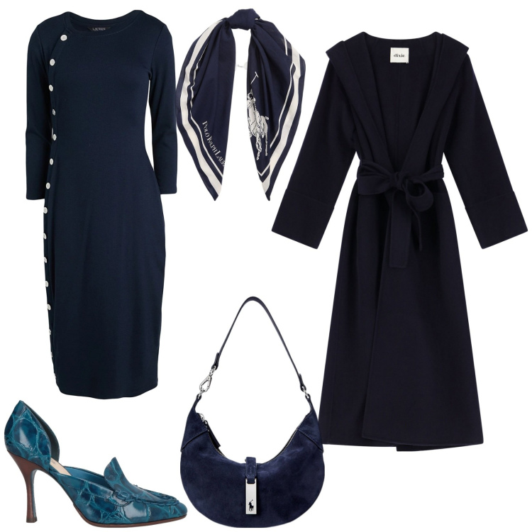 Outfit donna - L\'abito passepartout. Stile Chic per Serata fuori. Abbinamento con vestiti midi/longuette, décolleté, borse a spalla, foulard, cappotti.