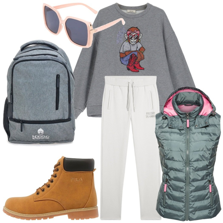 Outfit donna - Passeggiata nei boschi. Stile Sporty chic per Tutti i giorni. Abbinamento con gilet, pantaloni, felpe, zaini, occhiali da sole, stivaletti.