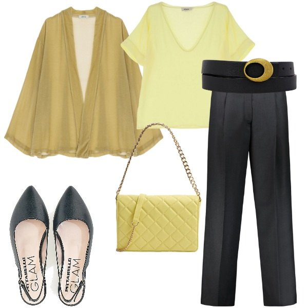 Outfit donna - Giallo burro. Stile Chic per Ufficio. Abbinamento con borse a tracolla, bluse, blazer, ballerine, pantaloni, cinture.
