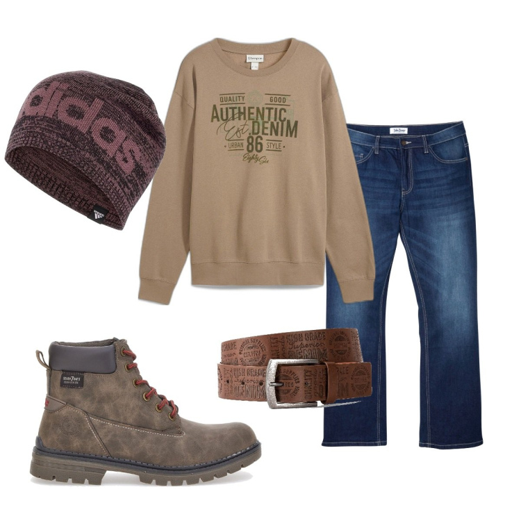 Outfit uomo - Total look #2059274. Stile Casual per Tutti i giorni. Abbinamento con cinture, jeans bootcut, felpe, berretti, stivali e stivaletti.