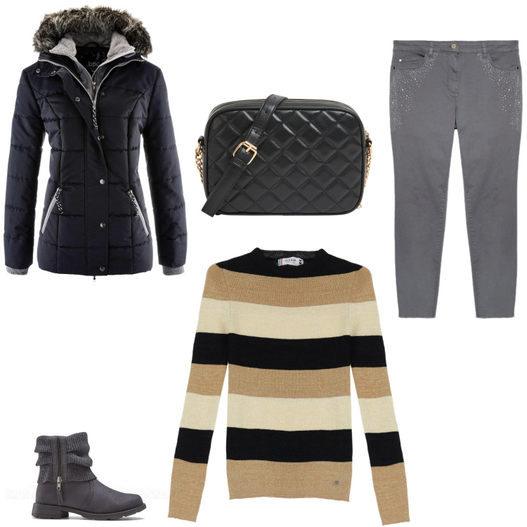 Outfit donna - Wow. Stile Chic per Tutti i giorni. Abbinamento con piumini, stivaletti, borse a tracolla, pullovers, jeans skinny.