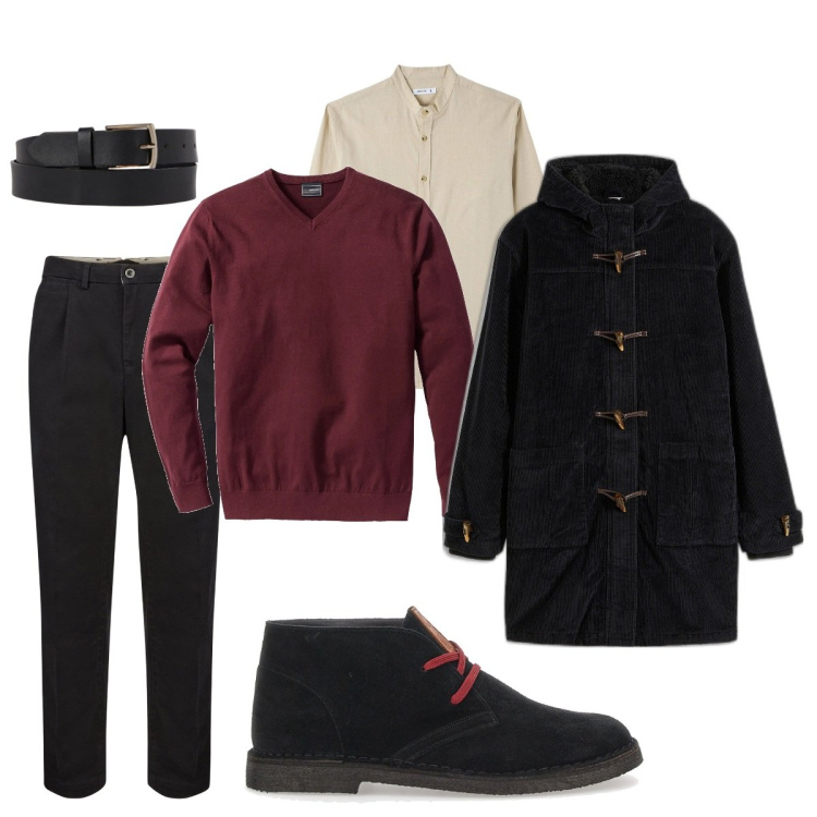 Outfit uomo - Il colore alla moda del pullover. Stile Business/Elegante per Ufficio. Abbinamento con maglieria, montgomery, camicie, pantaloni, cinture, stivali e stivaletti.