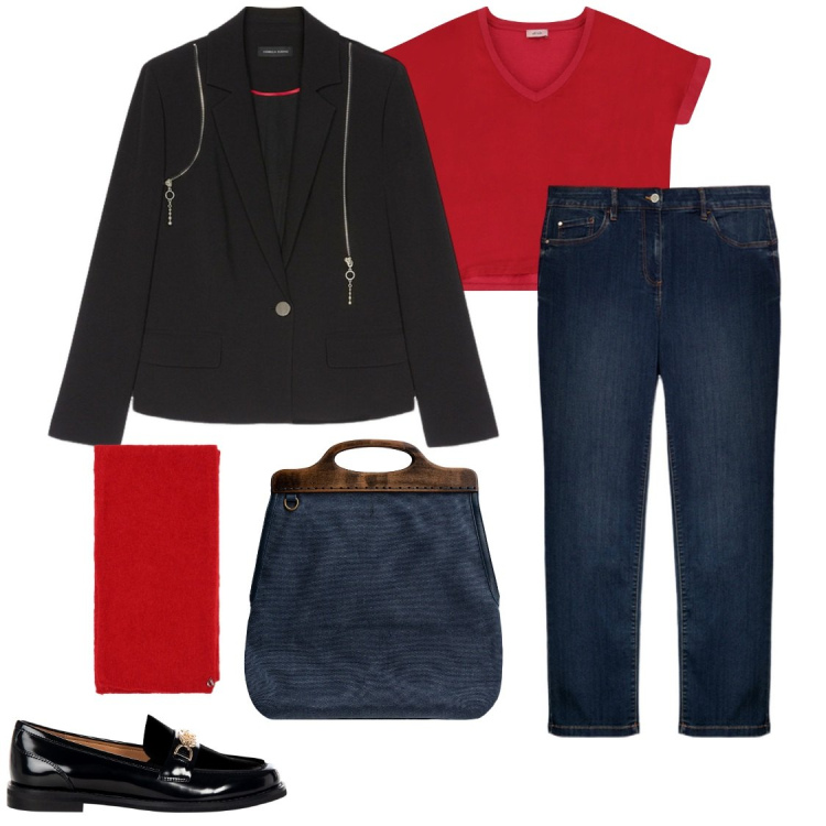 Outfit donna - Jeans e rosso. Stile Casual per Tutti i giorni. Abbinamento con mocassini, t-shirt, stole, borse a tracolla, blazer, jeans dritti.