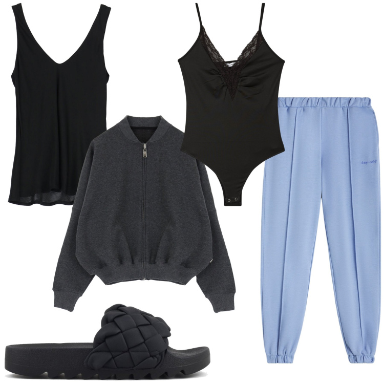 Outfit donna - Quando si torna a casa. Stile Basic per Tutti i giorni. Abbinamento con body, felpe, top, pantaloni, ciabatte.