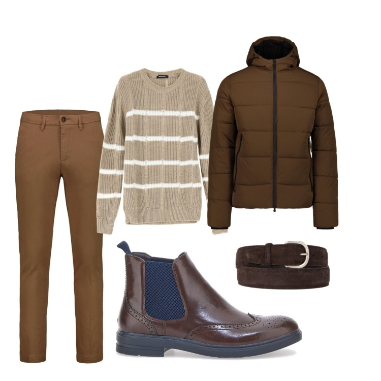 Outfit uomo - Total look #2059298. Stile Trendy per Tutti i giorni. Abbinamento con maglieria, cinture, stivali e stivaletti, piumini, pantaloni chino.