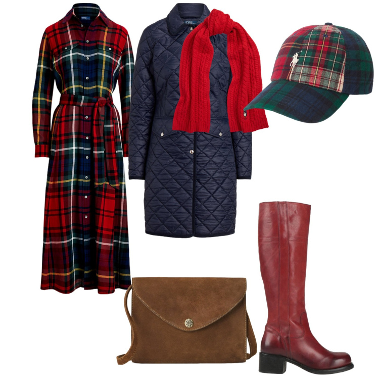 Outfit donna - Sognando la Scozia. per Tutti i giorni. Abbinamento con stivali, sciarpe, borse a tracolla, vestiti, cappotti, cappelli.