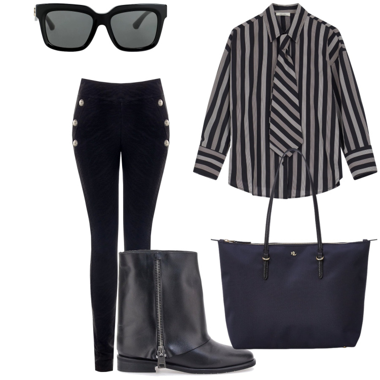 Outfit donna - Cravatta e leggings. Stile Mannish per Ufficio. Abbinamento con occhiali da sole, pantaloni, camicie, borse tote, stivaletti.