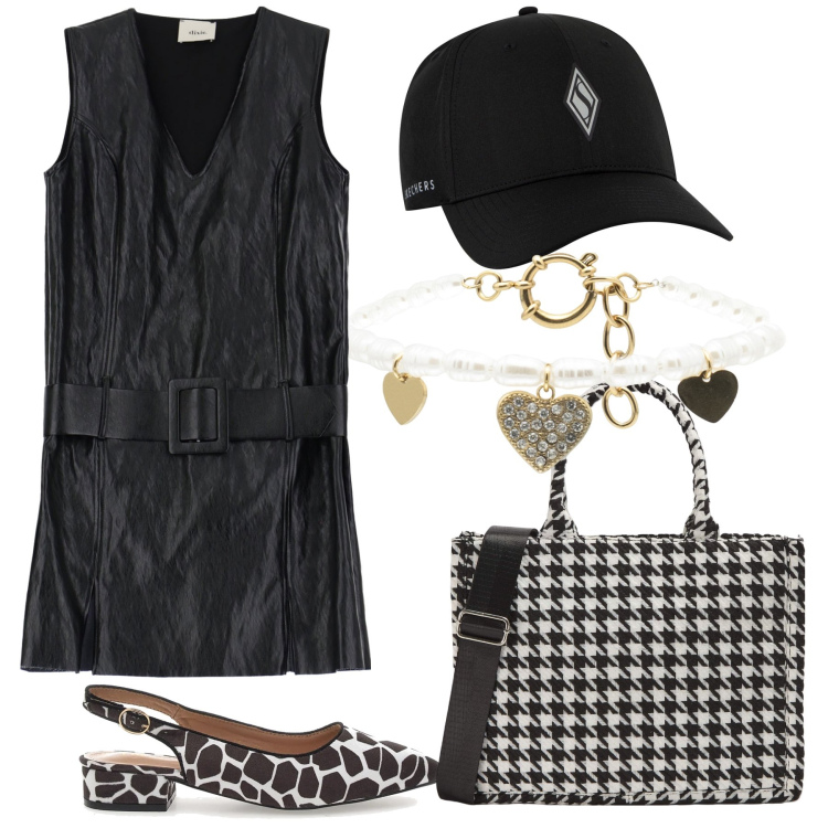 Outfit donna - Bianco nero sempre bon ton. Stile Bon Ton per Ufficio. Abbinamento con shopping bag, braccialetti, vestiti corti, cappelli con visiera, ballerine.