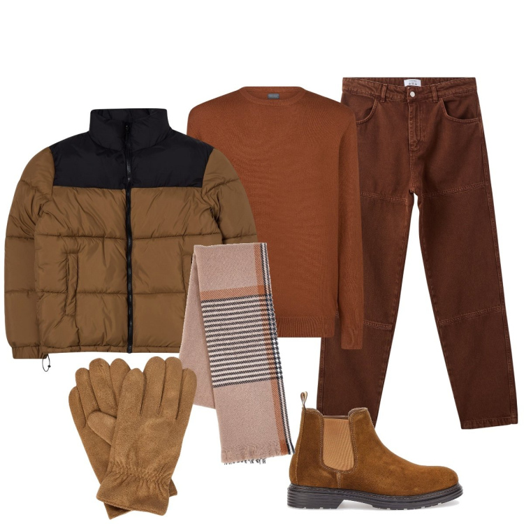 Outfit uomo - Tinte diverse ma in gradazione. Stile Trendy per Tutti i giorni. Abbinamento con pantaloni, giacche, maglieria, sciarpe, stivali e stivaletti, guanti.