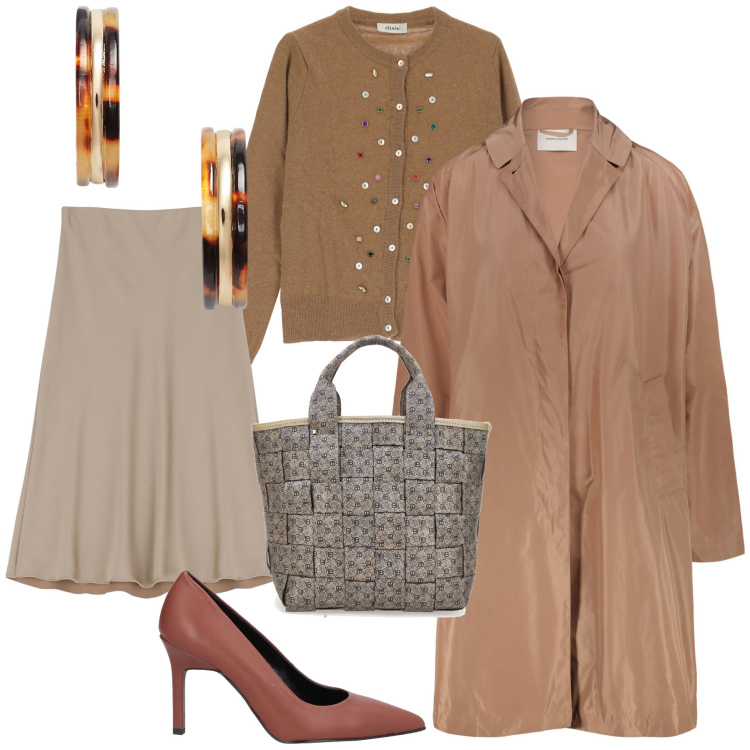 Outfit donna - Total look. Stile Urban per Tutti i giorni. Abbinamento con décolleté, gonne, cardigans, orecchini, trench, borse a mano.