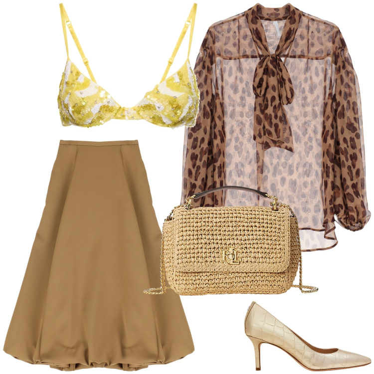 Outfit donna - Il maculato si fa sexy. Stile Glamour per Serata fuori. Abbinamento con camicie, gonne longuette, borse a spalla, décolleté, reggiseni.