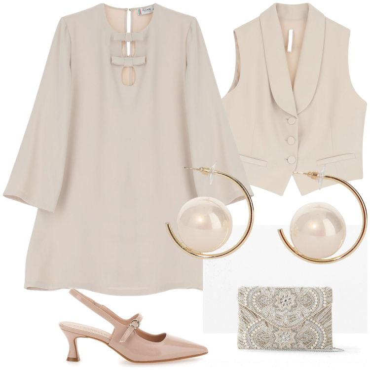 Outfit donna - Invitata in gilet. Stile Bon Ton per Cerimonia. Abbinamento con pochette, vestiti corti, gilet, orecchini, décolleté.