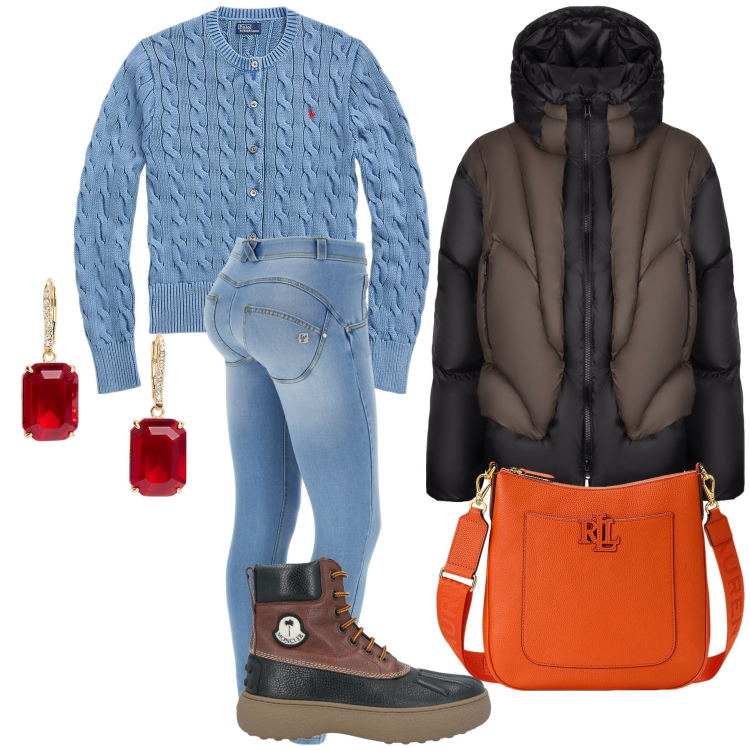 Outfit donna - Total look. Stile Casual chic per Tutti i giorni. Abbinamento con stivaletti, jeans skinny, cardigans, orecchini, borse a tracolla, piumini.