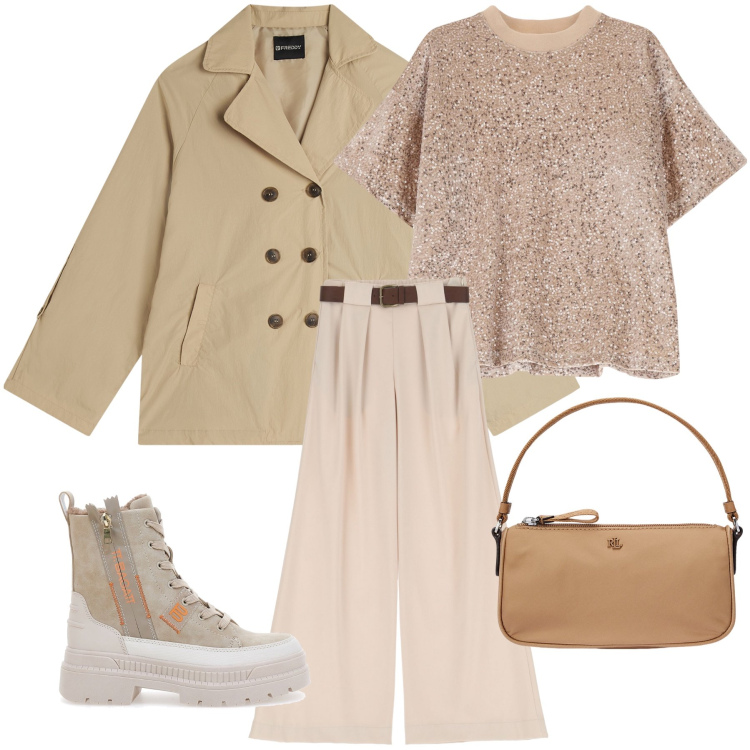 Outfit donna - City. Stile Urban per Tutti i giorni. Abbinamento con t-shirt, trench, pantaloni a palazzo, pochette, anfibi.