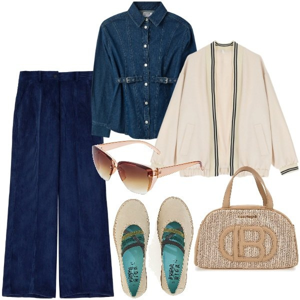Outfit donna - Camicia Jeans. Stile Urban per Tutti i giorni. Abbinamento con occhiali da sole, camicie, pantaloni, bomber, ballerine, borse a spalla.