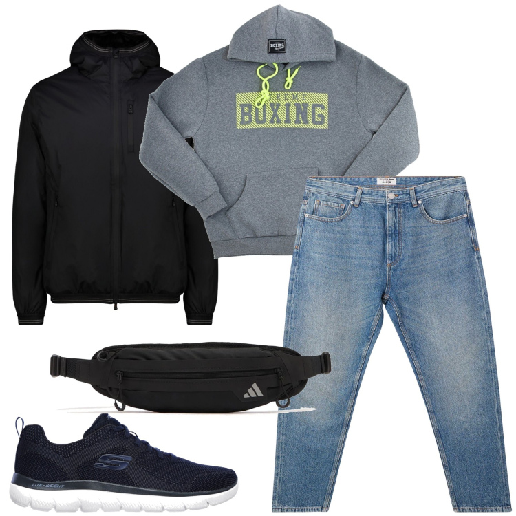 Outfit uomo - Molto casual. Stile Casual per Tutti i giorni. Abbinamento con jeans, giacche, sneakers, felpe con cappuccio, borse sportive.