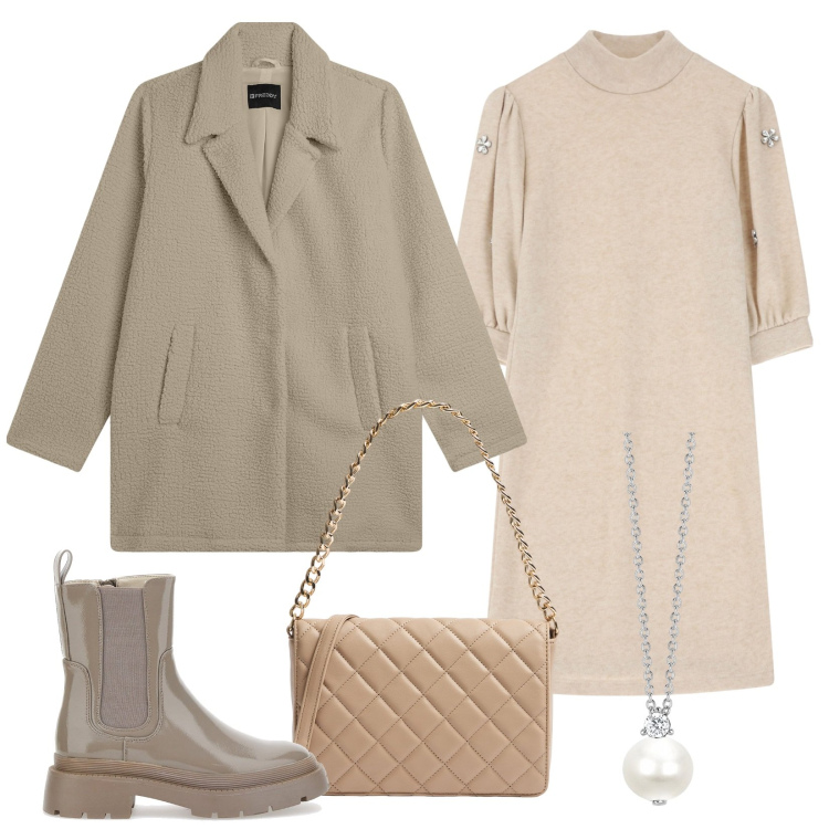 Outfit donna - Il vestito beige. Stile Casual per Scuola/Università. Abbinamento con borse a tracolla, collane, vestiti corti, cappotti, anfibi.