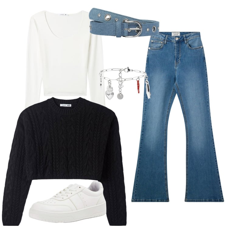 Outfit donna - Giornata di scuola. Stile Casual per Scuola/Università. Abbinamento con braccialetti, cinture, jeans a zampa, maglieria, sneakers, t-shirt.