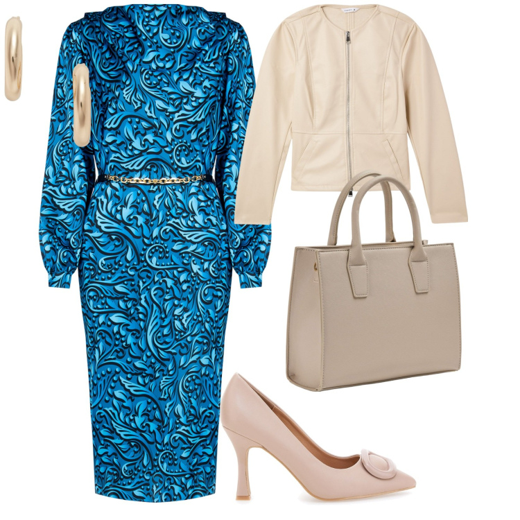 Outfit donna - Elegante al punto giusto. per Tutti i giorni. Abbinamento con blazer, shopping bag, vestiti midi/longuette, orecchini, décolleté.